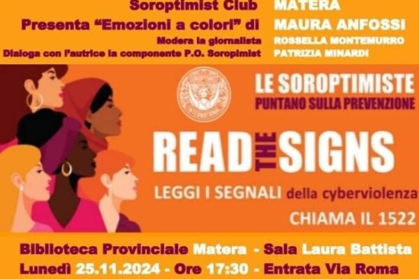 Maura Anfossi presenta libro "Emozioni a colori" a Matera, evento di Soroptimist Club Matera per la Giornata contro la violenza sulle donne