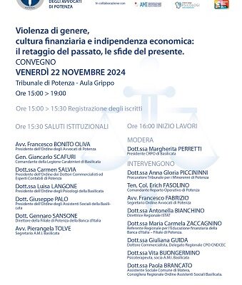 "Violenza di genere, cultura finanziaria e indipendenza economica: il retaggio del passato, le sfide del presente", convegno a Potenza